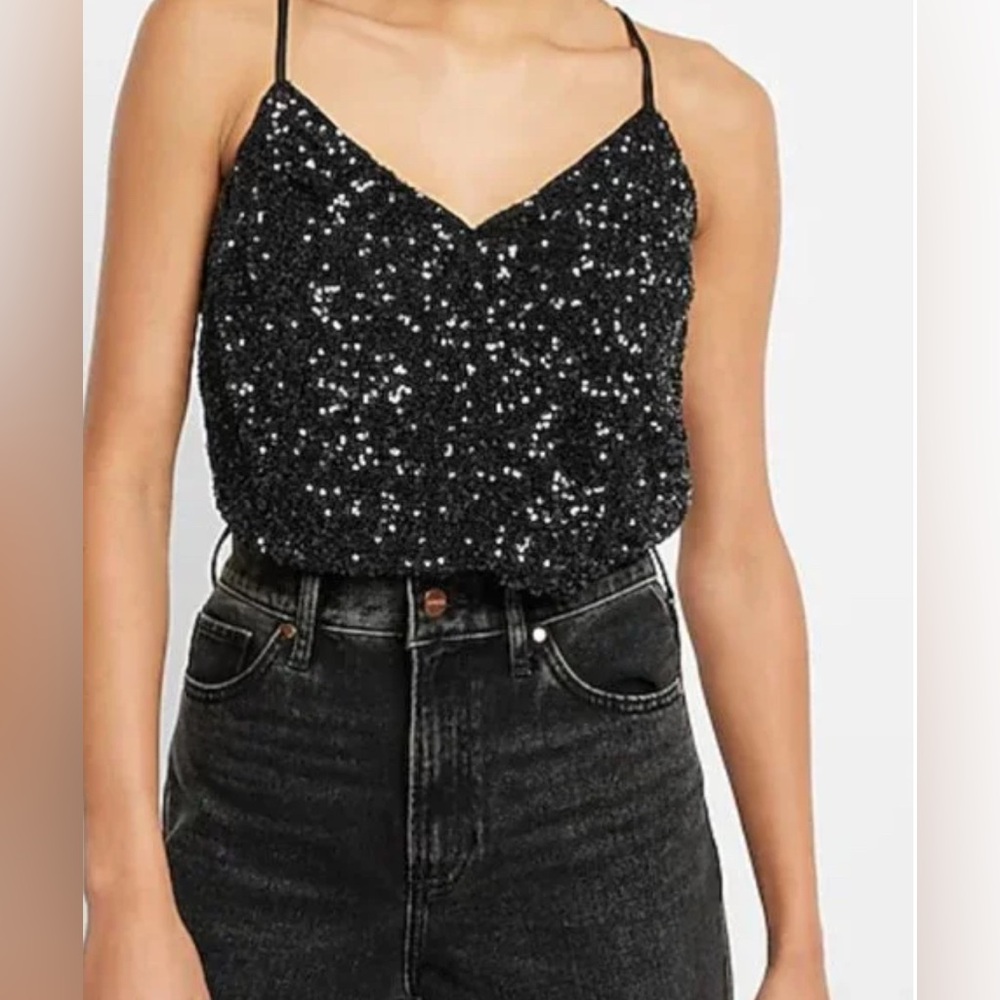 Express Black Sequin Bodysuit with spaghetti straps Size Small - Picture 13 of 13